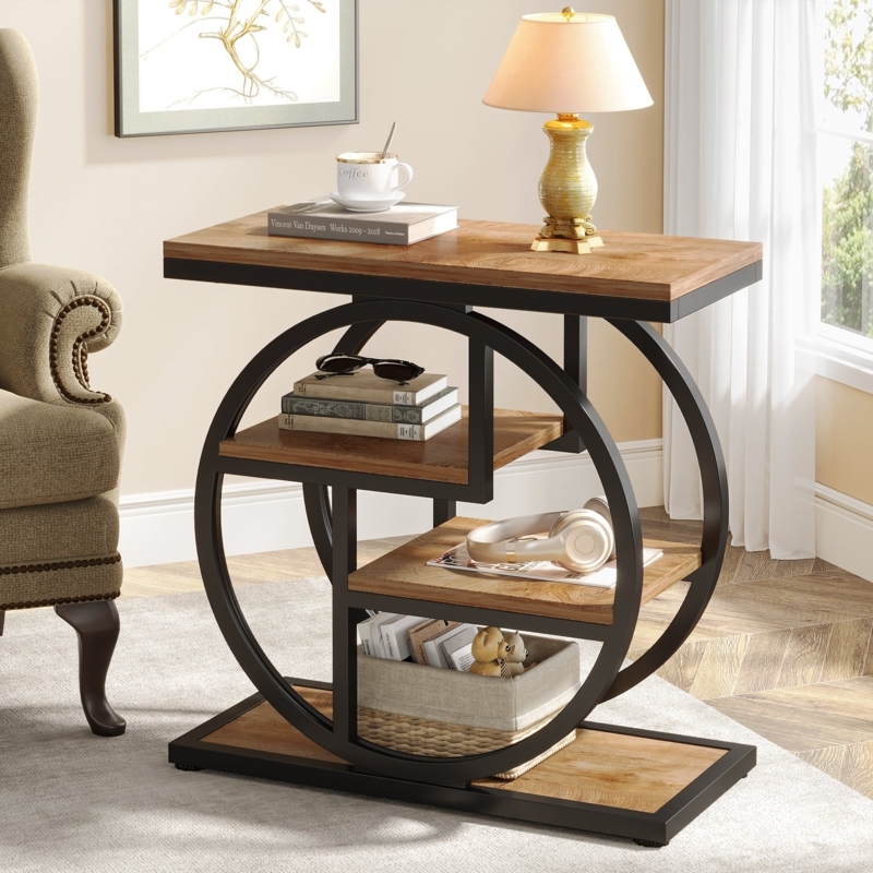 End Table Gray Wood, Narrow 4-Tier End Table with Double Round Frame