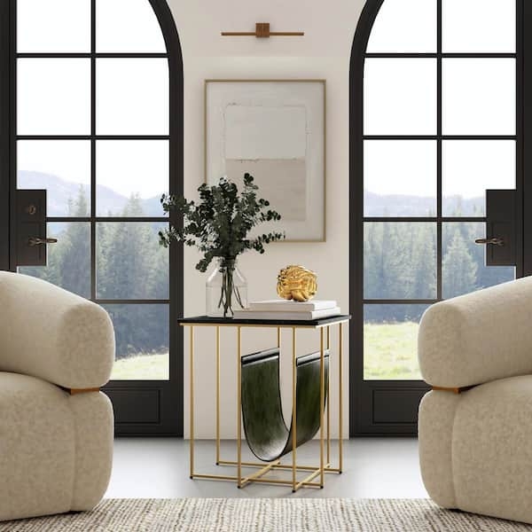 End Table Green Marble Top Gold Metal Frame Magazine Sling Glam