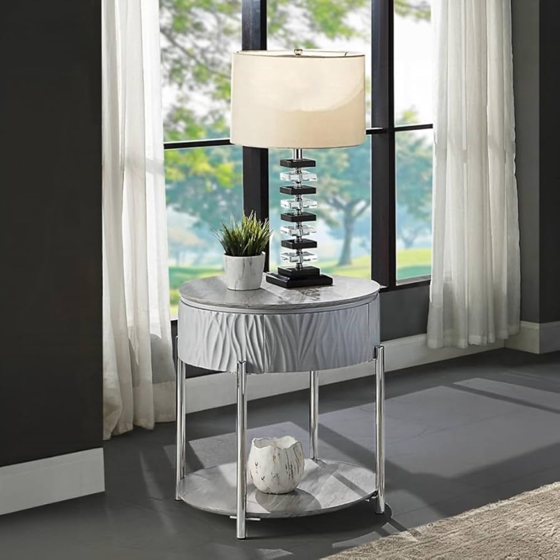 End Table Grey High Gloss, Chrome Legs, Single Drawer Storage, Minimalist.