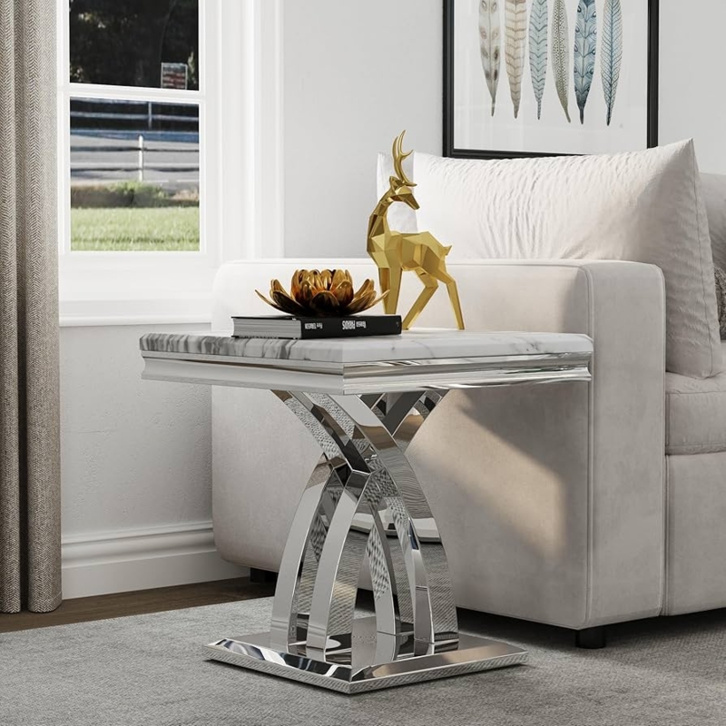 End Table Grey Marbled Top Mirrored Silver X-Base Design