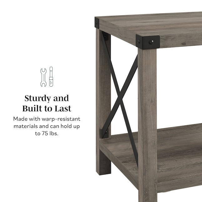 End Table Grey Wash Finish X-Brace Sides Square Wood Veneer Weathered