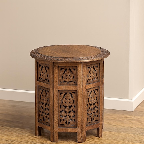 End Table Hand Carved Wood Floral Mandala Drum Silhouette