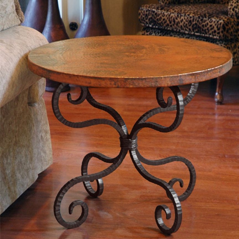 End Table Hand Forged Scrollwork Base with Thick Stone Top