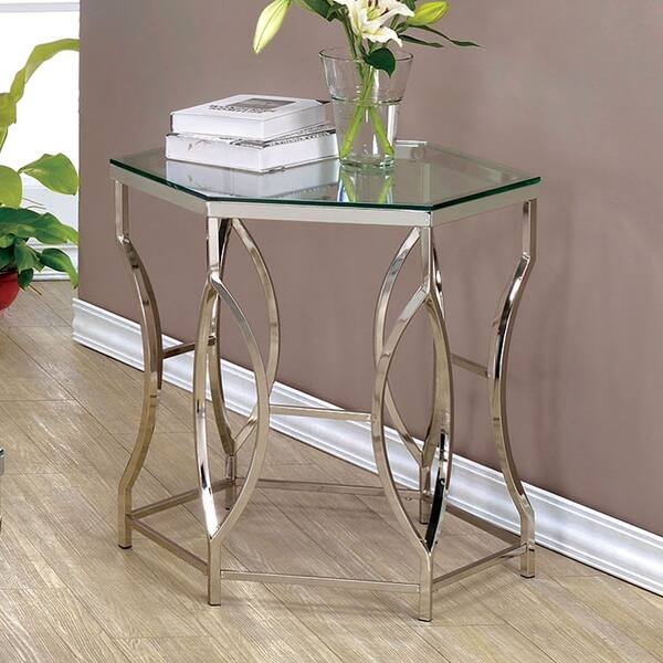 End Table Hexagonal Glass Top Chrome Geometric Pedestal Base