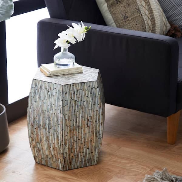 End Table, Hexagonal Top, Wood Sunburst Pattern, Industrial