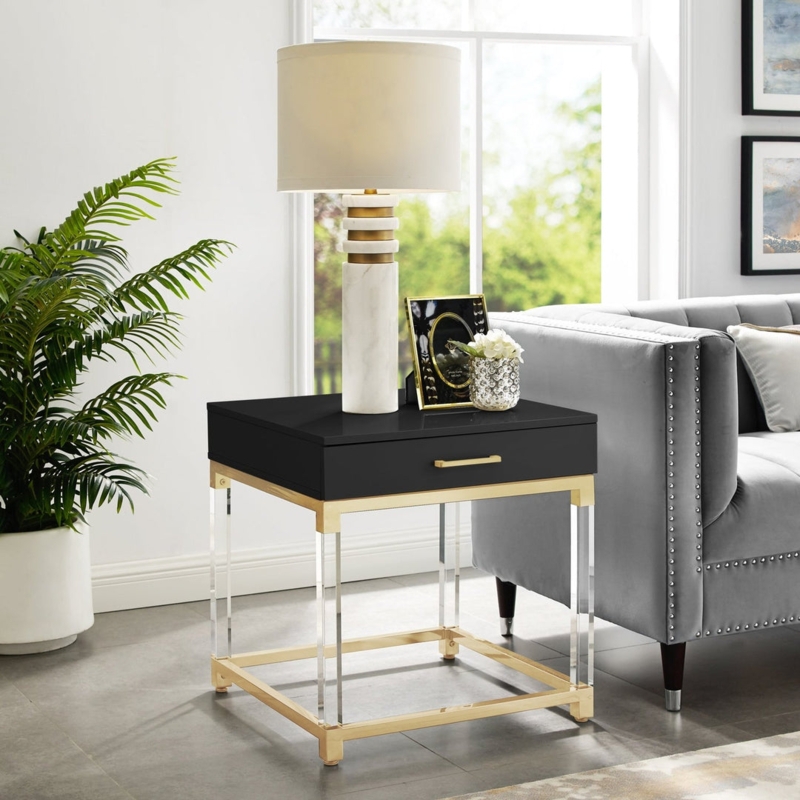 End Table High Gloss Top, Clear Acrylic Legs, Modern Glam.