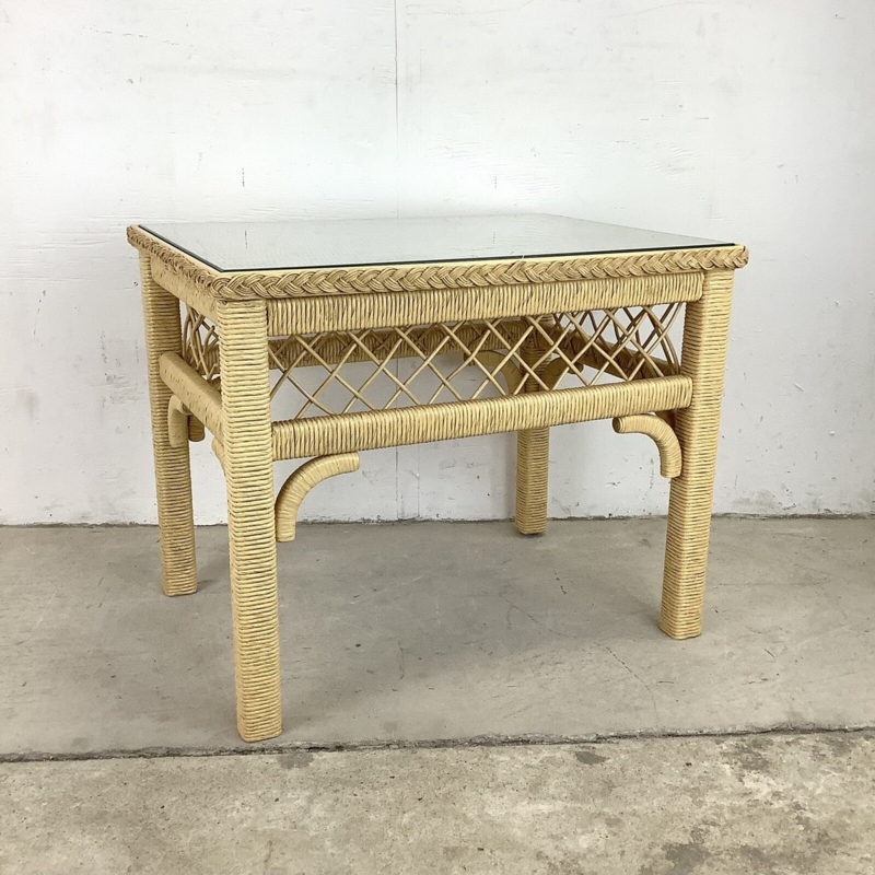End Table Hourglass Wicker Glass Inset Boho Side Table