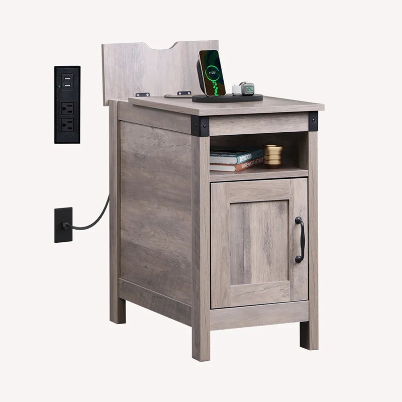 End Table in Greige Finish, Narrow Rustic Charging Cabinet