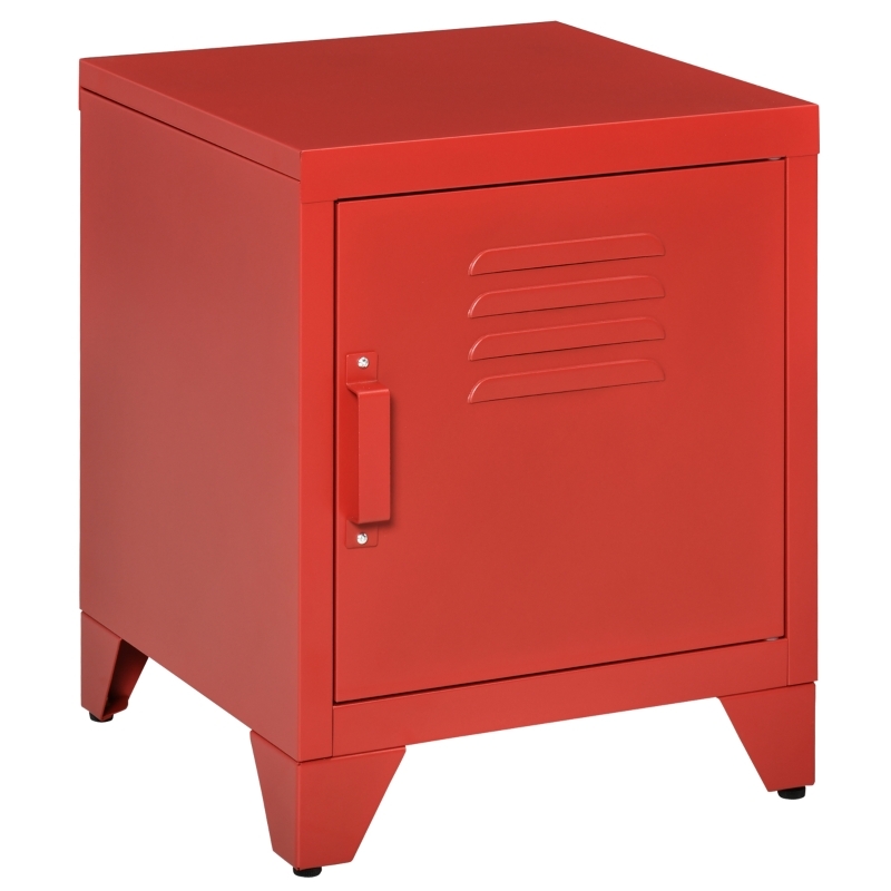 End Table in Red Metal featuring a Locker Style Vented Door.