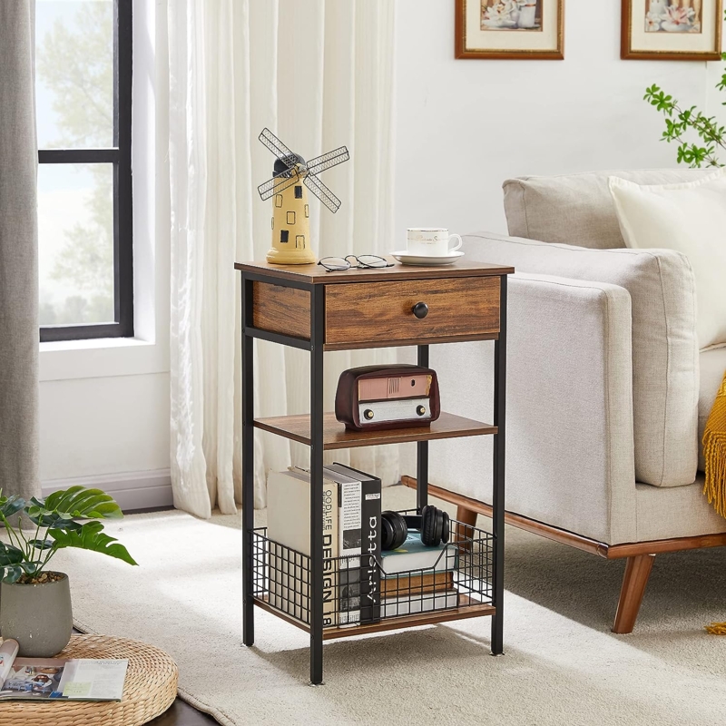 End Table Industrial 3-Tier Stand with Fabric Storage Drawer