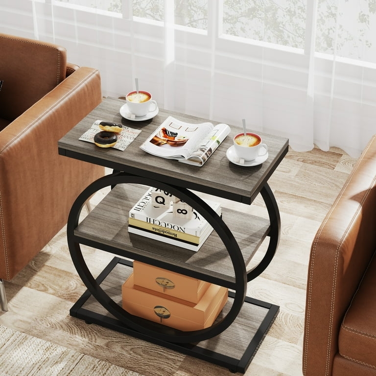 End Table Industrial Circular Frame Narrow Profile Three Wood Shelves