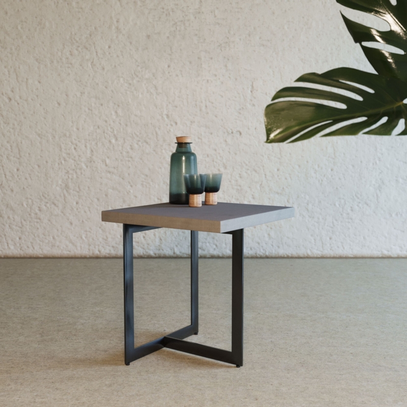 End Table Industrial Concrete Look Trestle Base Round Black Metal