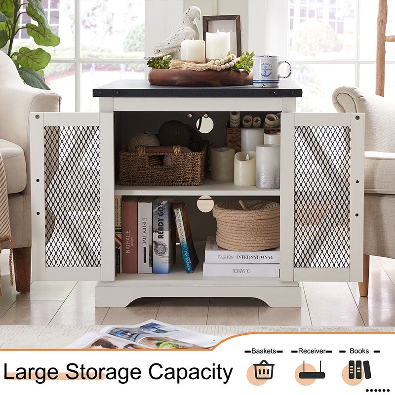 End Table Industrial Medium Wood with Mesh Door and Integrated Charging
