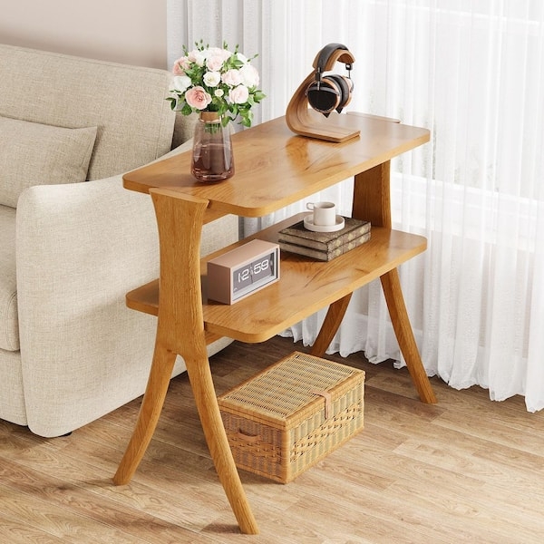 End Table Industrial Metal Frame, Light Brown Wood Three Tier Side Table