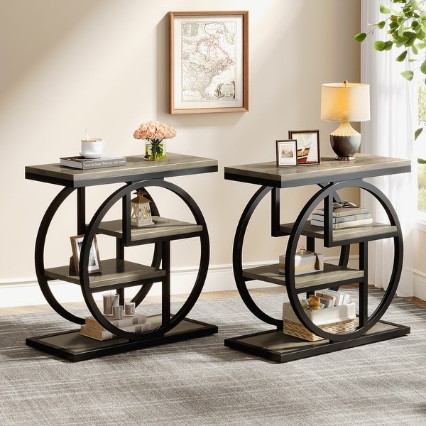 End Table Industrial Narrow Four Tier Mesh Shelf Grey Stone Look
