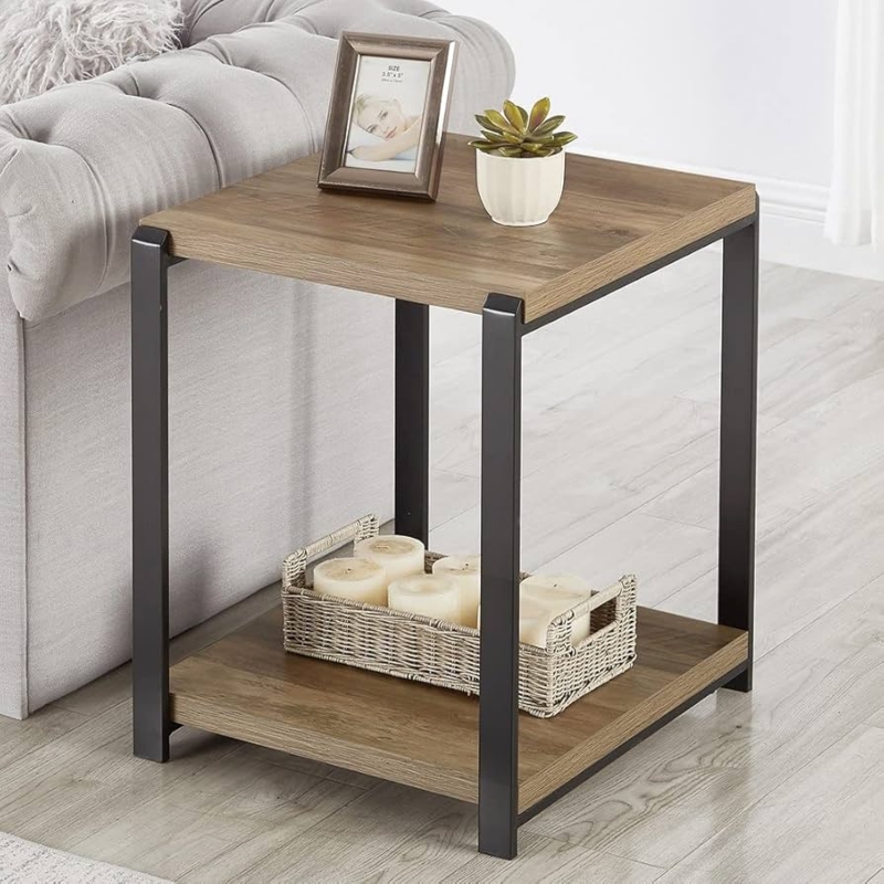 End Table Industrial Oak Finish X-Brace Frame Storage Shelf