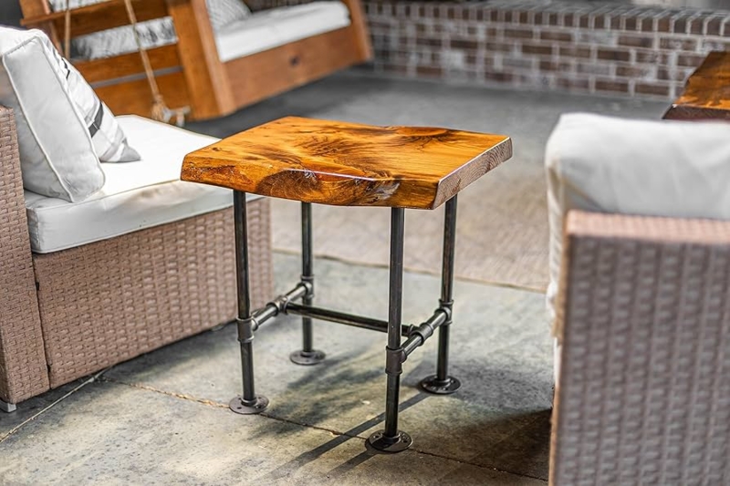End Table Industrial Pipe Legs Rustic Live Edge Two Tier Wood Slabs