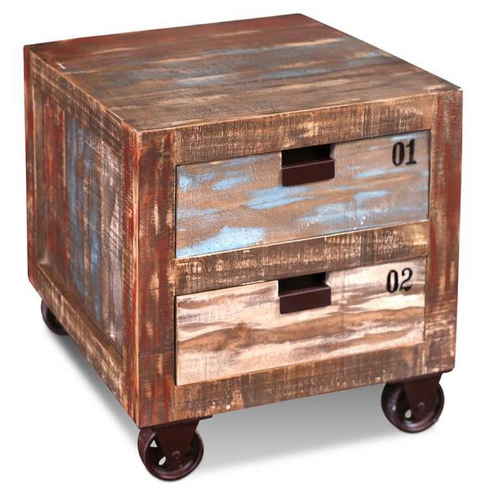 End Table: Industrial Style with Wheels and Multi-Color Numbered Drawers