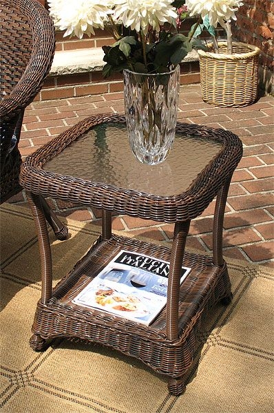 End Table Inset Glass Top Resin Wicker with Lower Shelf Coastal