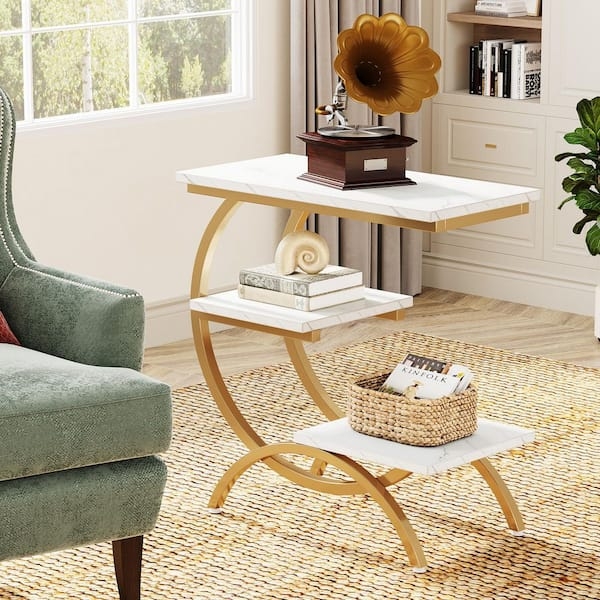 End Table Light Brown Wood, C-Shaped End Table with Storage 3-Tier