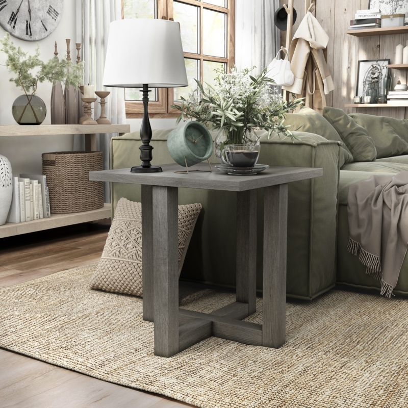 End Table Light Grey Distressed Finish Square Block Legs Coastal