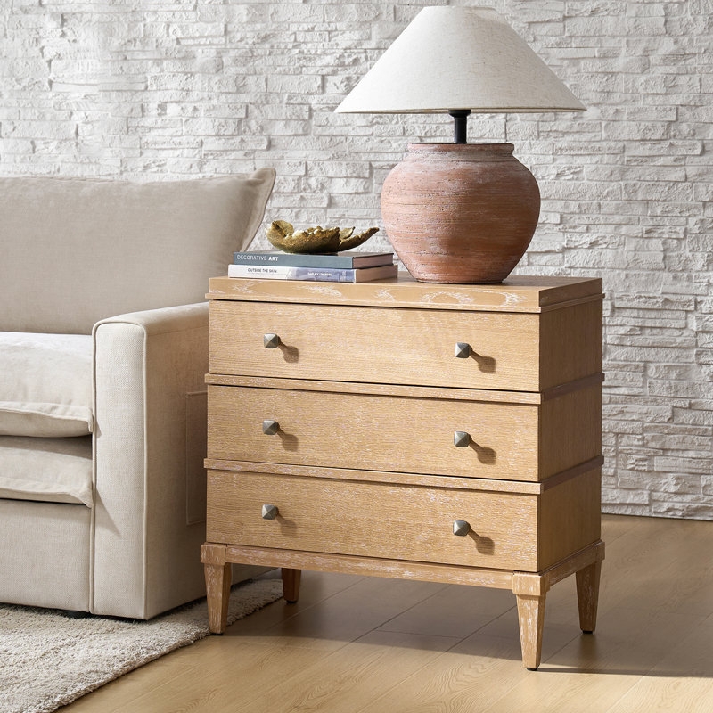 End Table Light Wood Charging Station Ring Pulls Three Drawers
