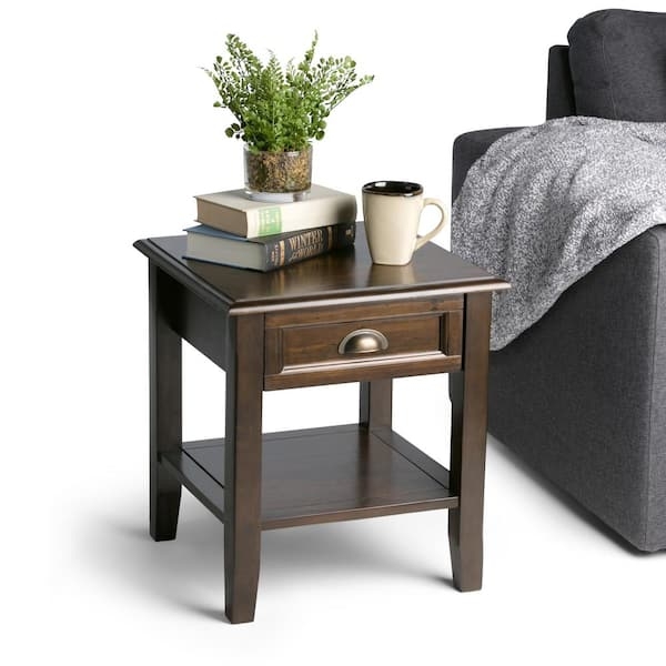 End Table Mahogany Finish Square with Storage Drawer Transitional Wood