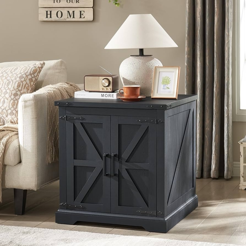 End Table Matte Black Farmhouse with Sliding Barn Door and Charging