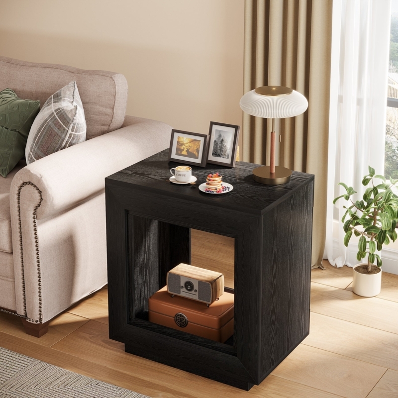 End Table Matte Black Frame Mixed Material Two Tier Industrial Wood