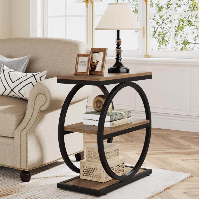 End Table Matte White Finish Circular Shelves Gold Accents Storage