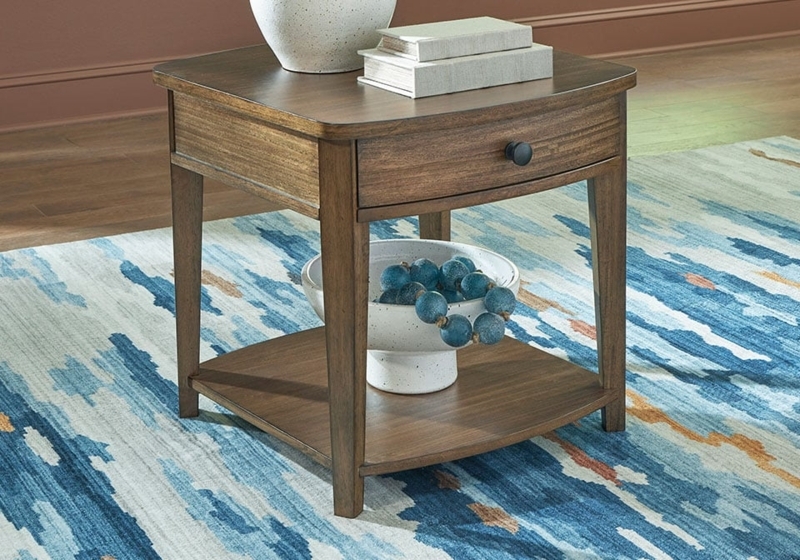End Table Medium Brown Wood Drawer Lower Shelf Transitional Storage