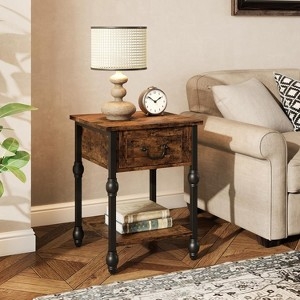 End Table Mesh Shelf Industrial Storage Drawer Rustic Brown Metal Frame
