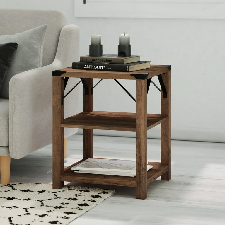 End Table Metal Corner Accents Rustic Oak Two-Tier X-Frame Wood