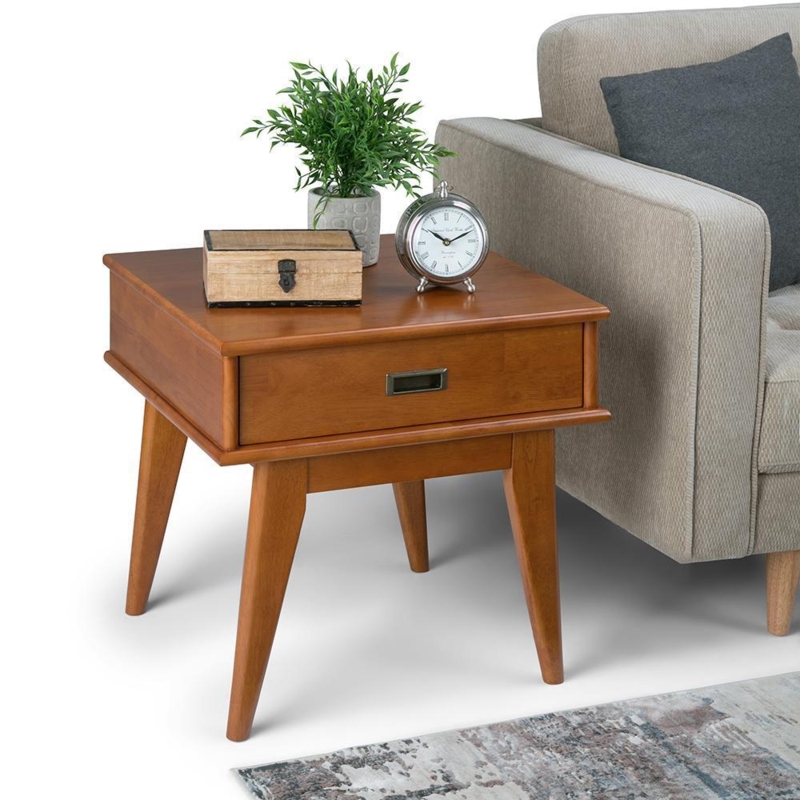 End Table Mid Century Modern Teak Brown Recessed Handles Two Drawers