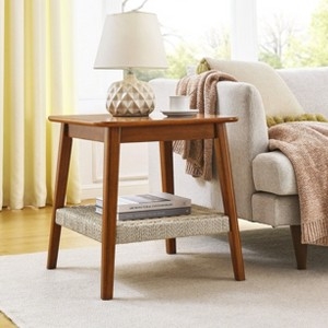 End Table Mid-Century Modern with Woven Lower Shelf and Walnut Finish