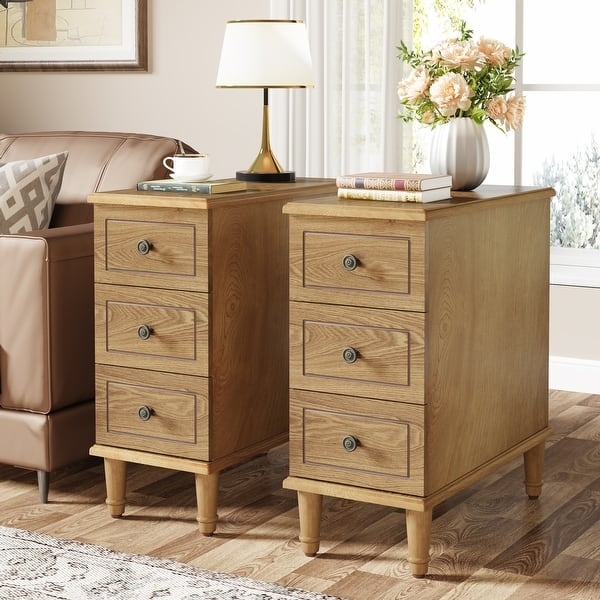 End Table, Mid-Century Modern Wood Narrow Three Drawers