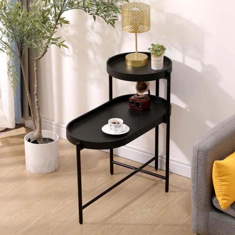 End Table Minimalist Black Metal with Round Tray Top