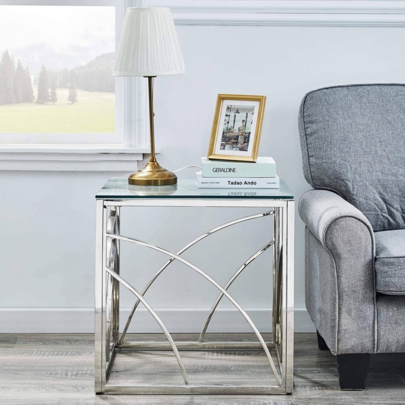 End Table Minimalist Square Polished Silver Metal Glass Top