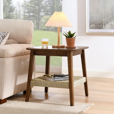 End Table Minimalist Square with Dark Walnut Finish and Woven Shelf