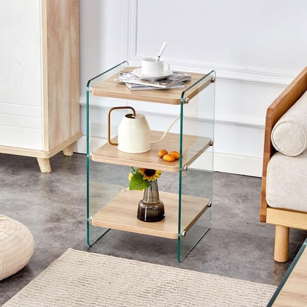 End Table Minimalist Three Tier Square Top Natural Wood Finish