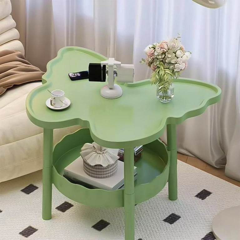 End Table, Minimalist White Plastic, C-Shaped Base, Two-Tier Storage