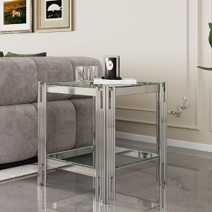 End Table Mirror Finished Frame Square Two-Tier Tempered Glass