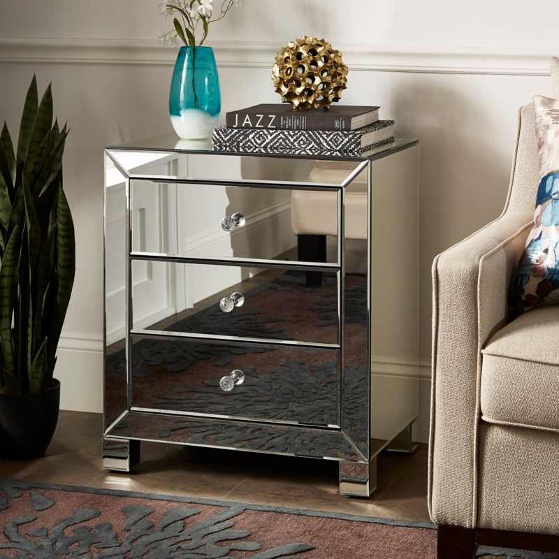 End Table Mirrored 3 Drawer Reflective Nightstand Faceted Knobs Glam