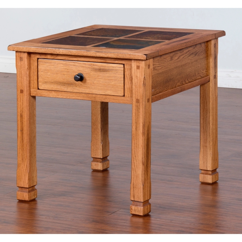 End Table Mission Silhouette Drawer Slatted Sides, Rustic Oak.
