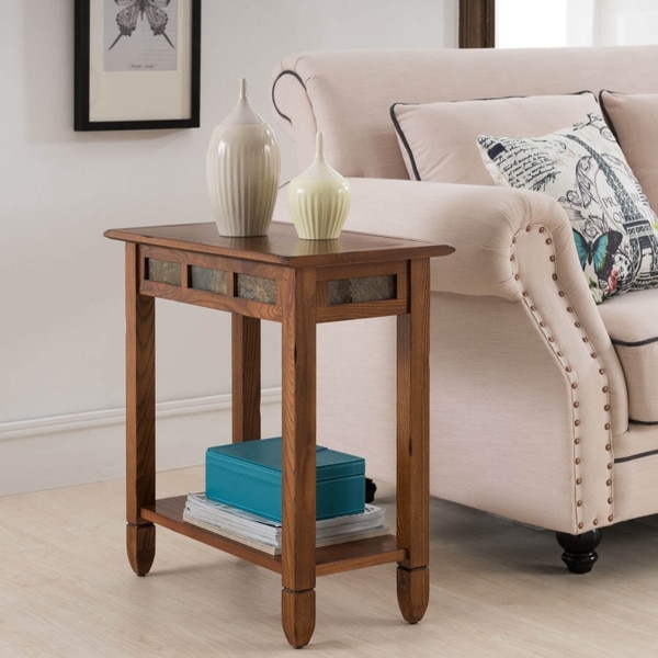 End Table Mixed Material Construction Slatted Metal Shelf, Lodge.