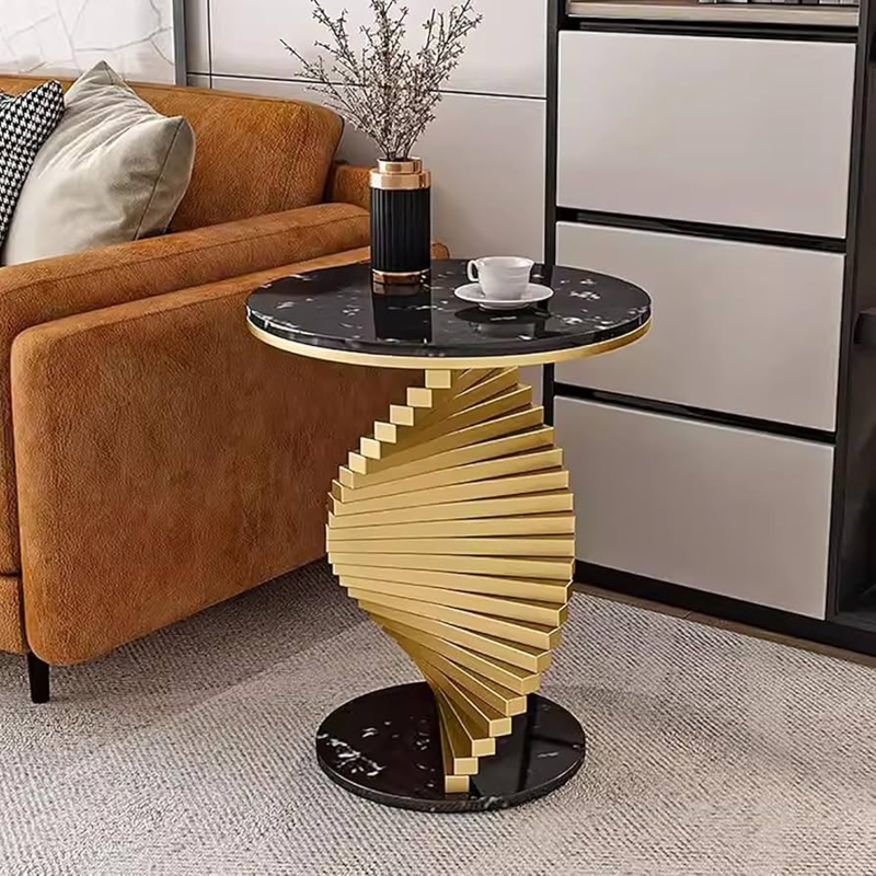 End Table, Modern Abstract Metal Base, Stone Top, Minimalist Style