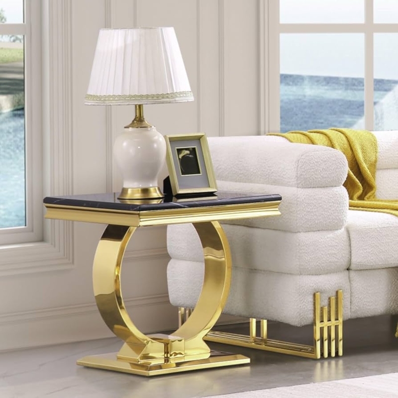 End Table Modern Glam Black Square Top Polished Gold U-Base