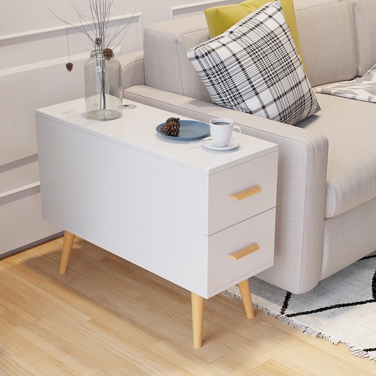 End Table Modern Glam White Gold Toned Base Two Drawers Rectangular