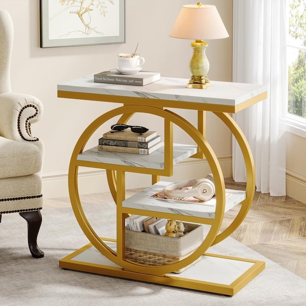 End Table Modern Glam White Top with Gold Geometric Metal Base
