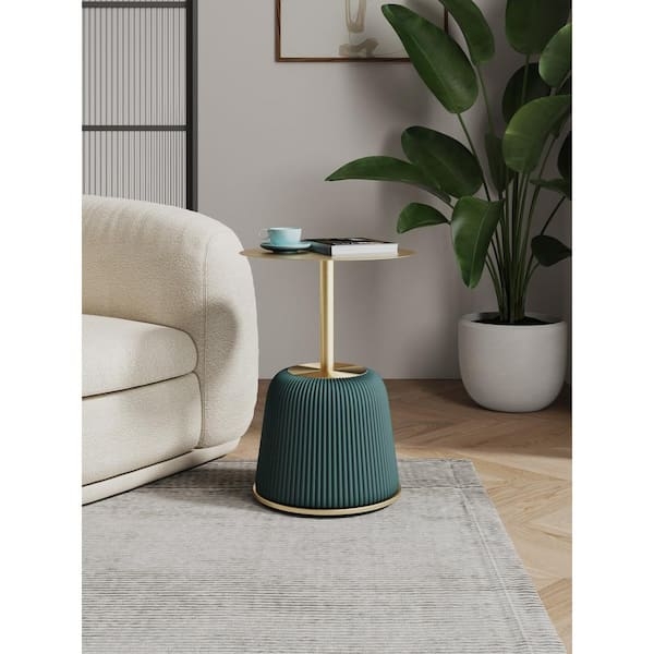 End Table Modern Green Upholstered Round Tray Edge Black Metal